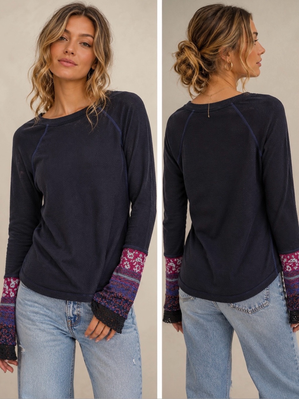 Free People Mixed Up Cuff Thermal Top Waffle Knit Boho Pattern Knit Cuff Sz S🧡